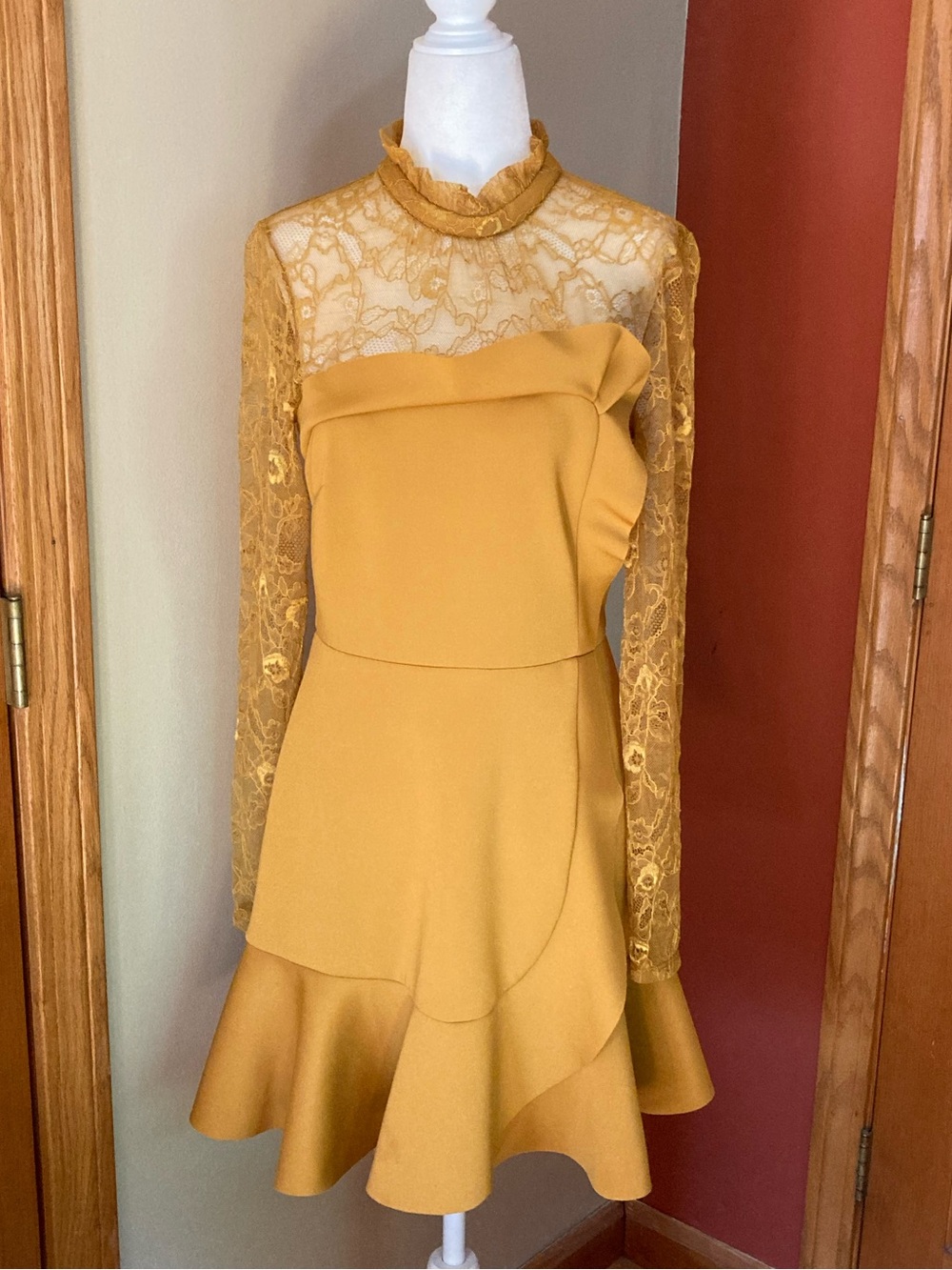 ASOS Mustard Yellow Lace Long-Sleeve Fit & Flare Dress Size 8